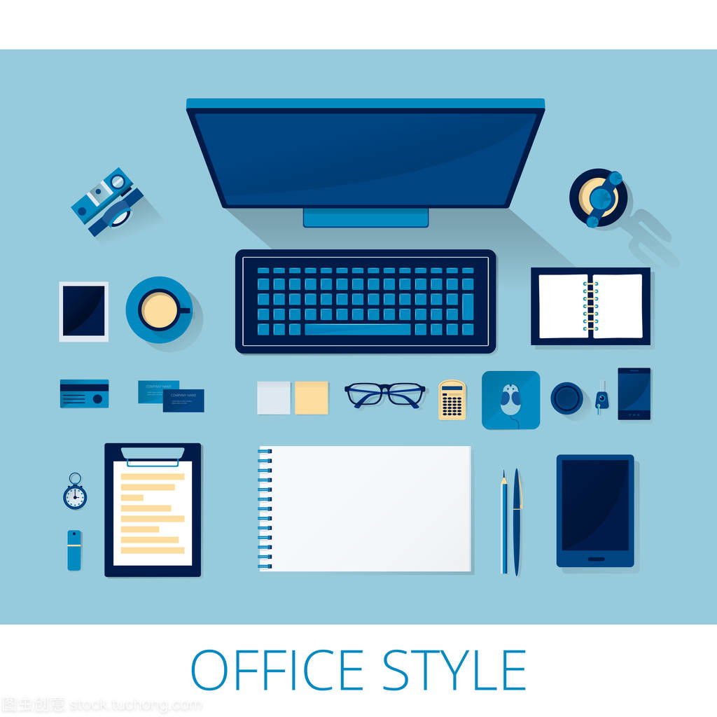 井然有序，高效之源 一套頂視圖下的矢量辦公用品組合